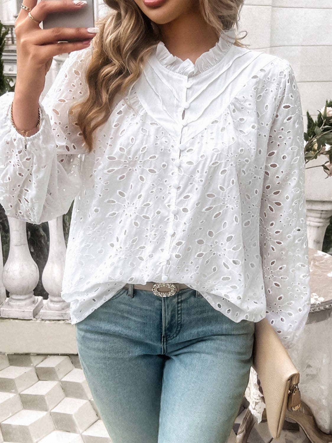 Frill Round Neck Long Sleeve Shirt.