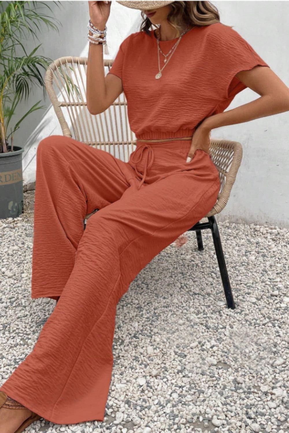 Round Neck Short Sleeve Top and Pants Set.