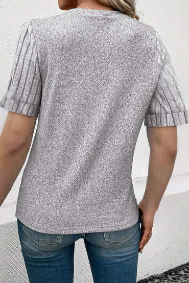 Alma Ribbed Splicing Sleeve Round Neck Top for Women - Love Salve 