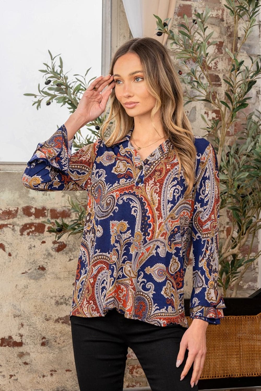 Sew In Love Full Size Wrinkle Free Paisley Print Long Sleeve Top.