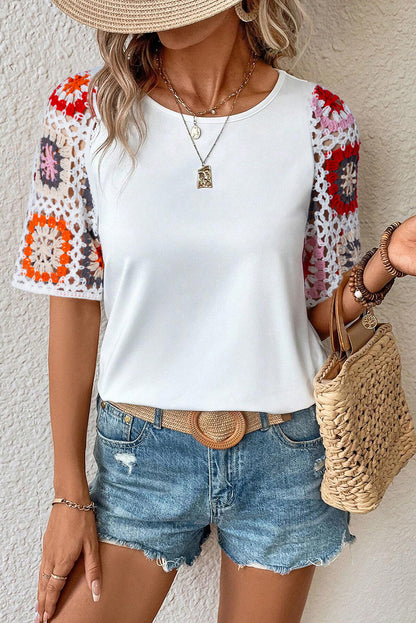 Elegant white floral crochet top with short sleeves