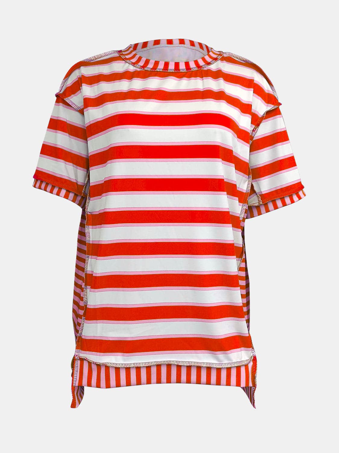 Full Size Contrast Stitching Striped Round Neck T-Shirt.