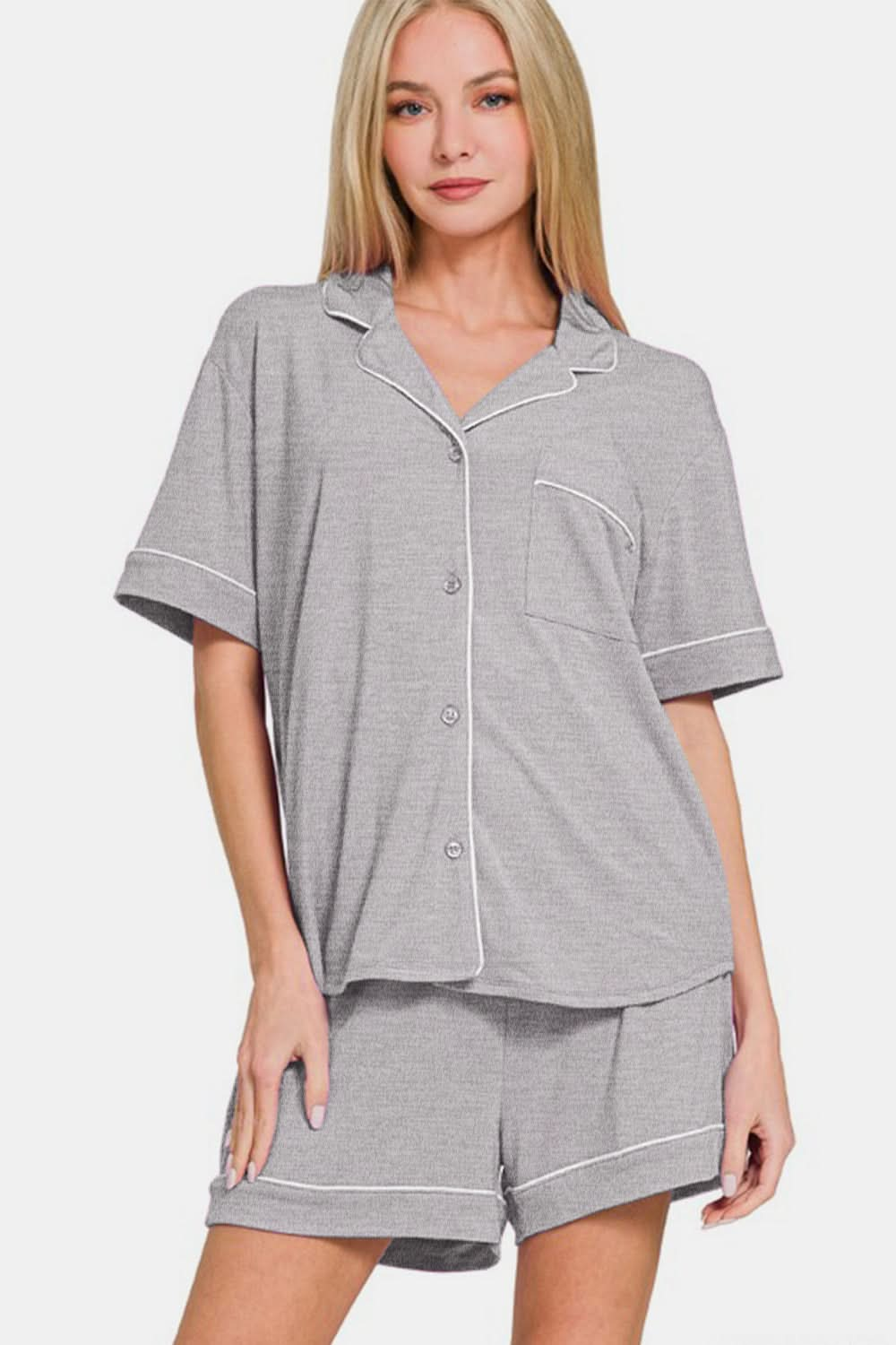 Relaxed Fit Button-Up Short Sleeve Lounge Set with Matching Shorts