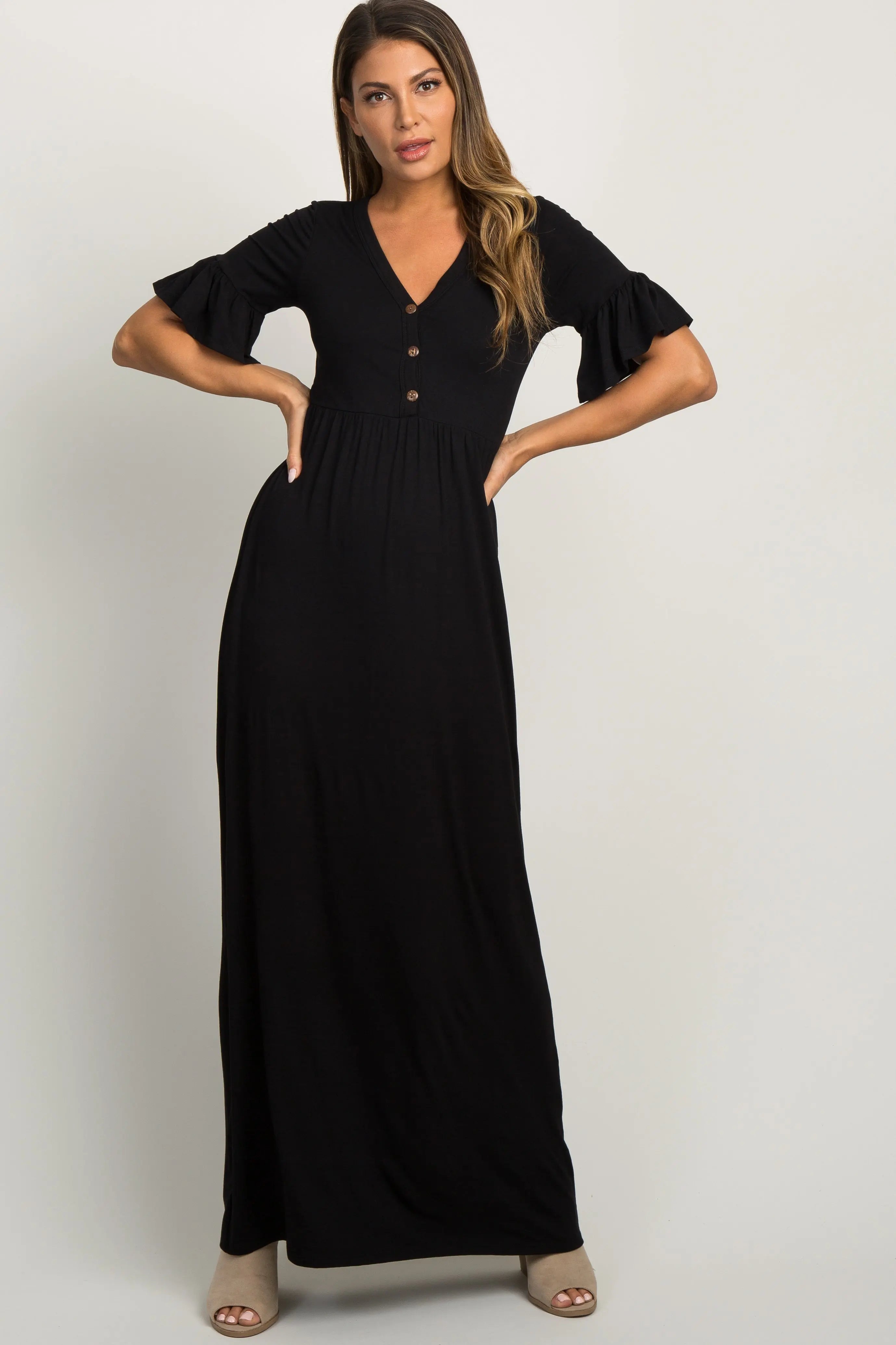 Black Button Ruffle Sleeve Maternity Maxi Dress PinkBlush