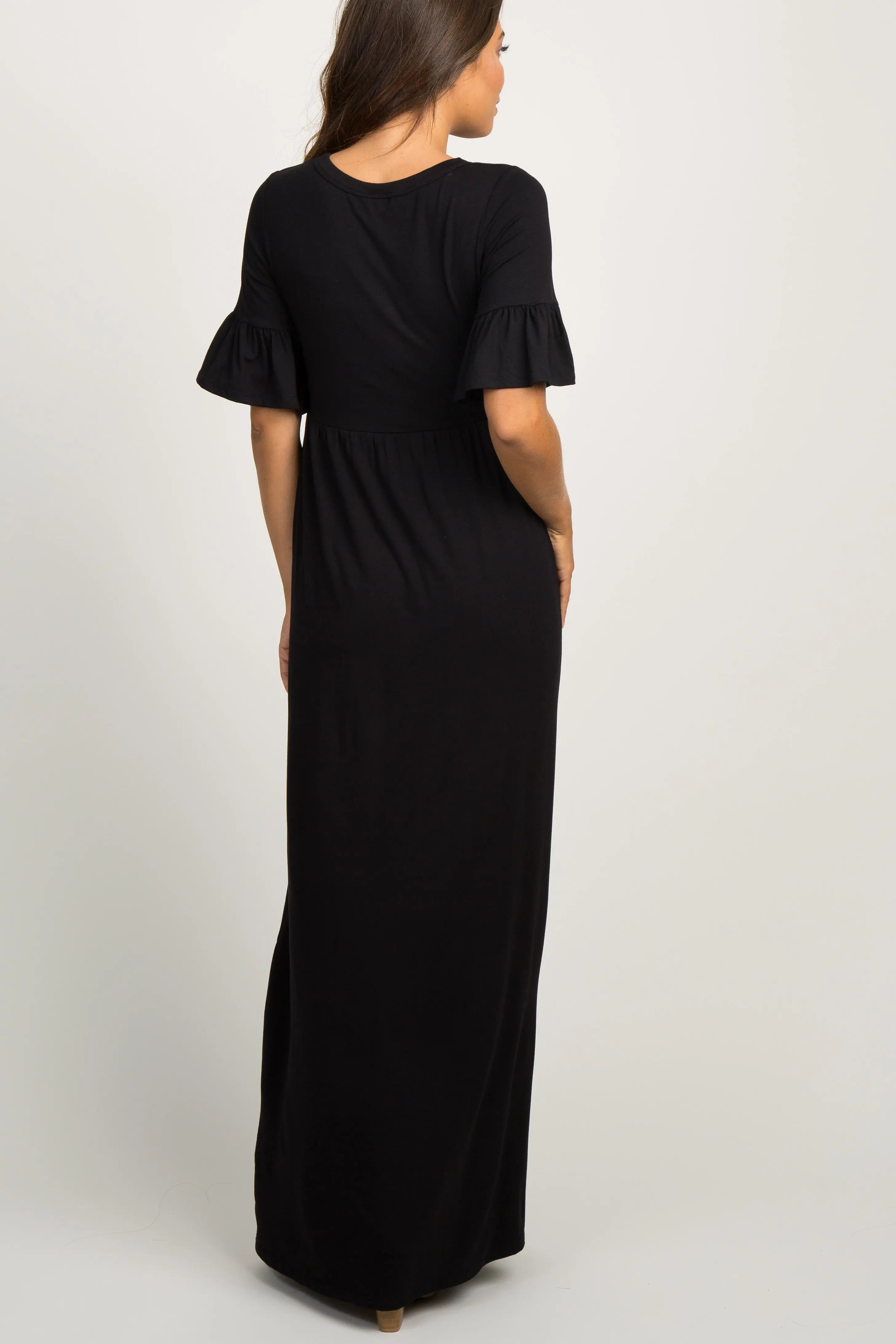 Black Button Ruffle Sleeve Maternity Maxi Dress PinkBlush