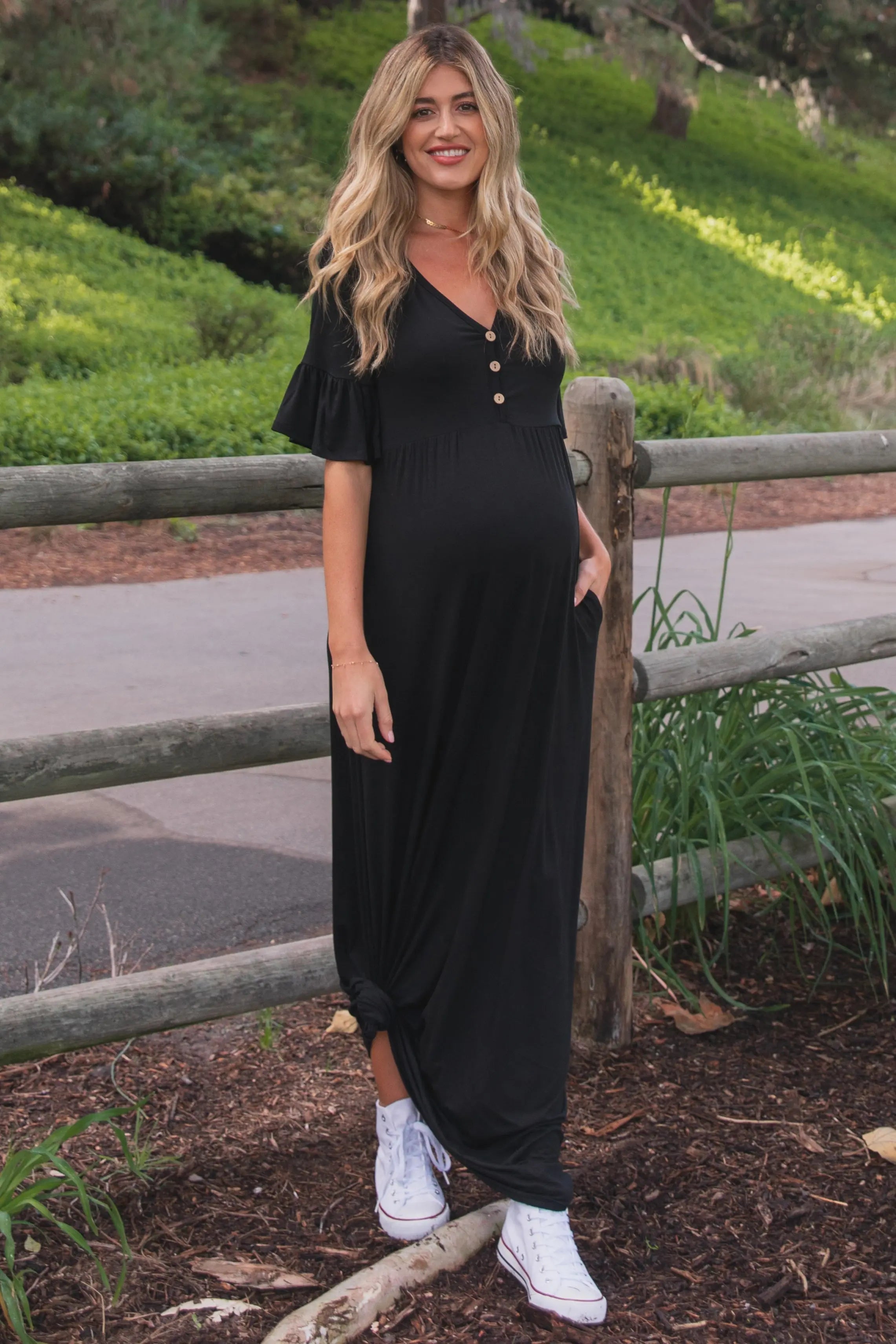 Black Button Ruffle Sleeve Maternity Maxi Dress PinkBlush