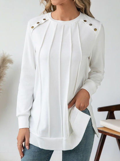 Asymmetrical Hem Long Sleeve Blouse with Side Slit