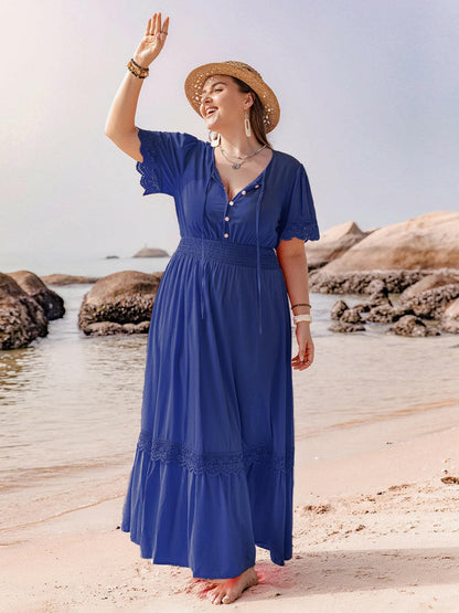 Plus Size Lace Detail Tie Neck Short Sleeve Maxi DressPlus Size Lace Detail Tie Neck Short Sleeve Maxi Dress
 Indulge in elegance with our Plus Size Lace Detail Tie Neck Short Sleeve Maxi Dress. Perfect for any special Love Salve Size Lace Detail Tie Neck Short Sleeve Maxi DressMaxi Dresses