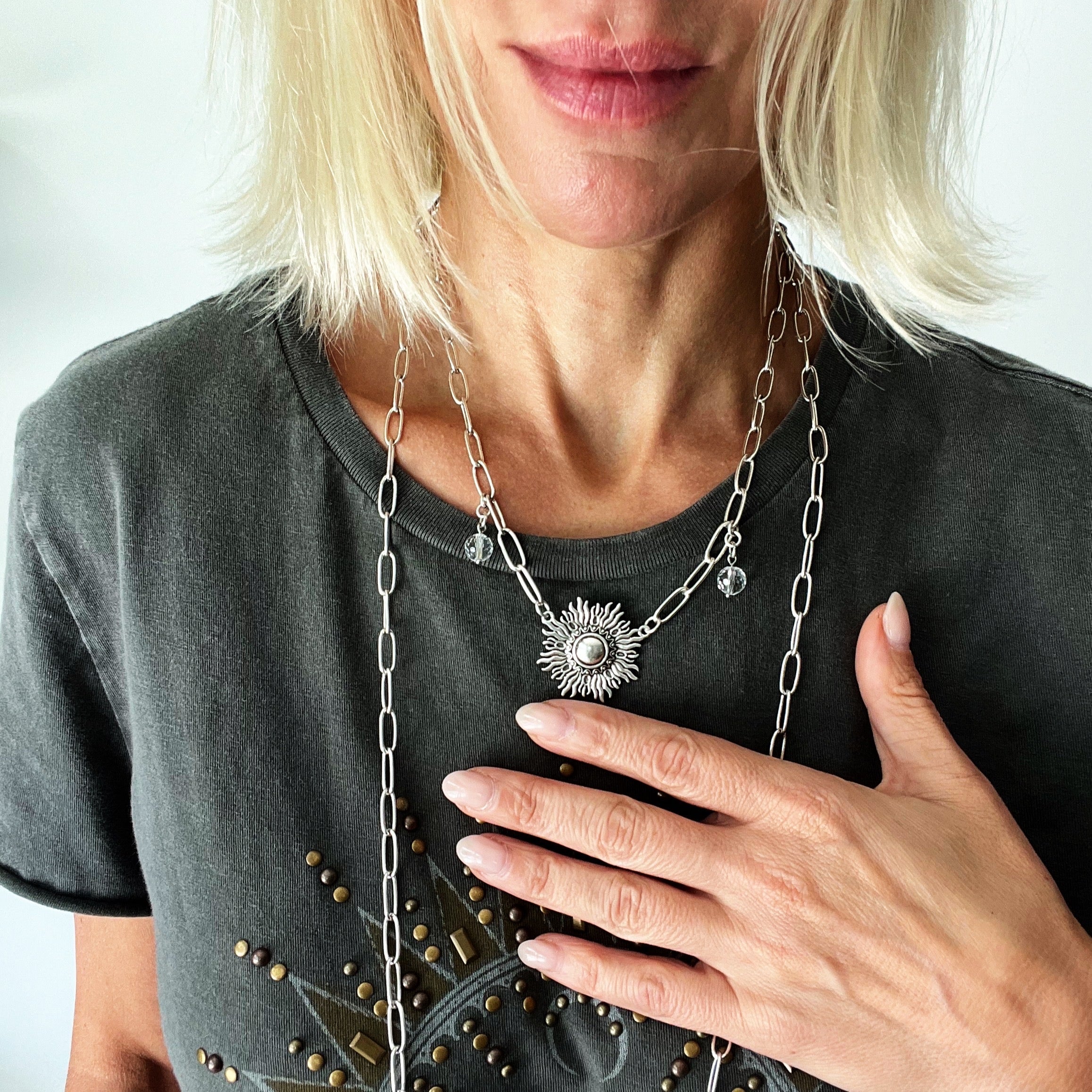 Katia Designs Perfectly Imperfect Starburst Long Chain Necklace, highlighting its elegant form and timeless appeal.