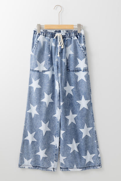 Light blue starry wide-leg jeans with drawstring waist