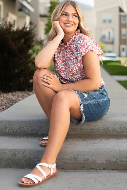 Chic pink plus size floral ruffle sleeve blouse