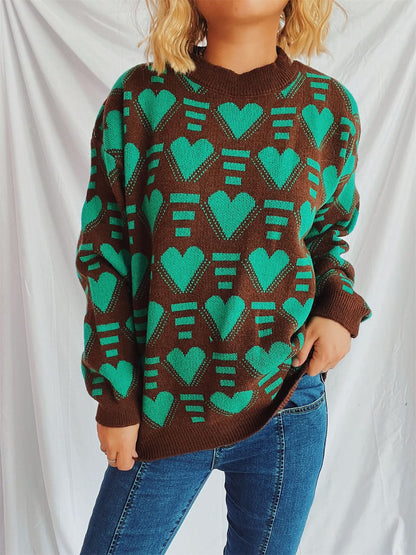 Heartfelt Contrast Long Sleeve Sweater with Dropped Shoulders