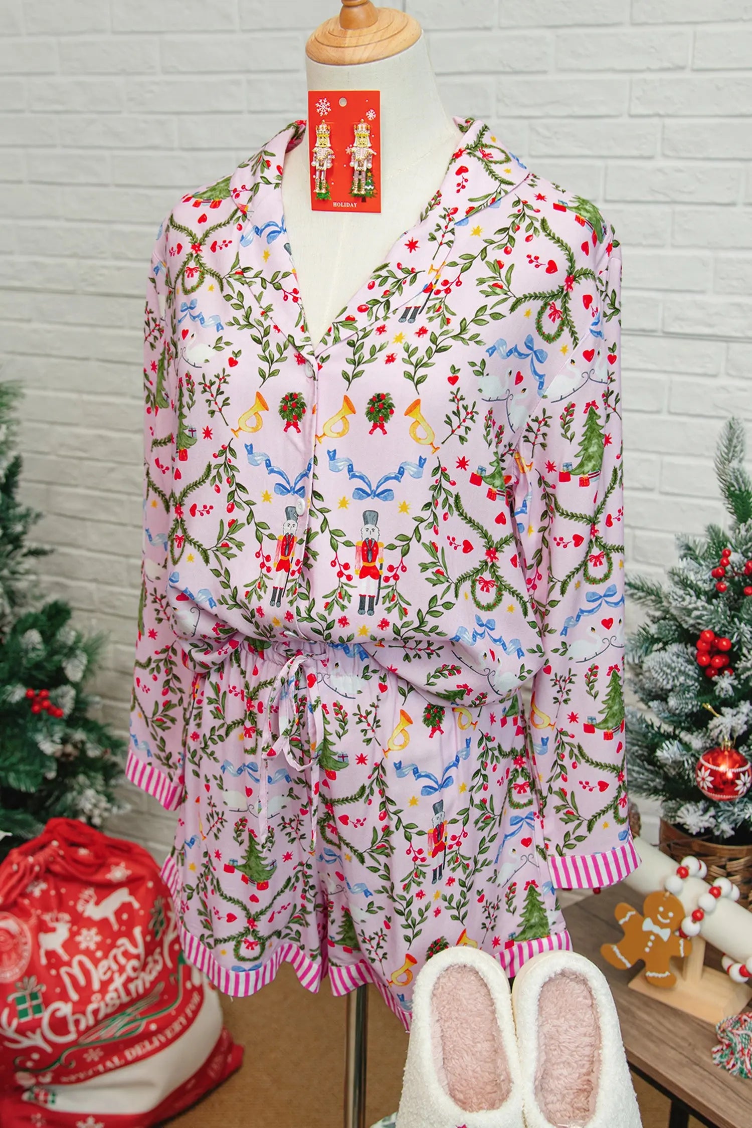 Pink Christmas Nutcracker Pajama Set 2Pc Long Sleeve Shorts Holiday Print Dear-Lover Dropshipping