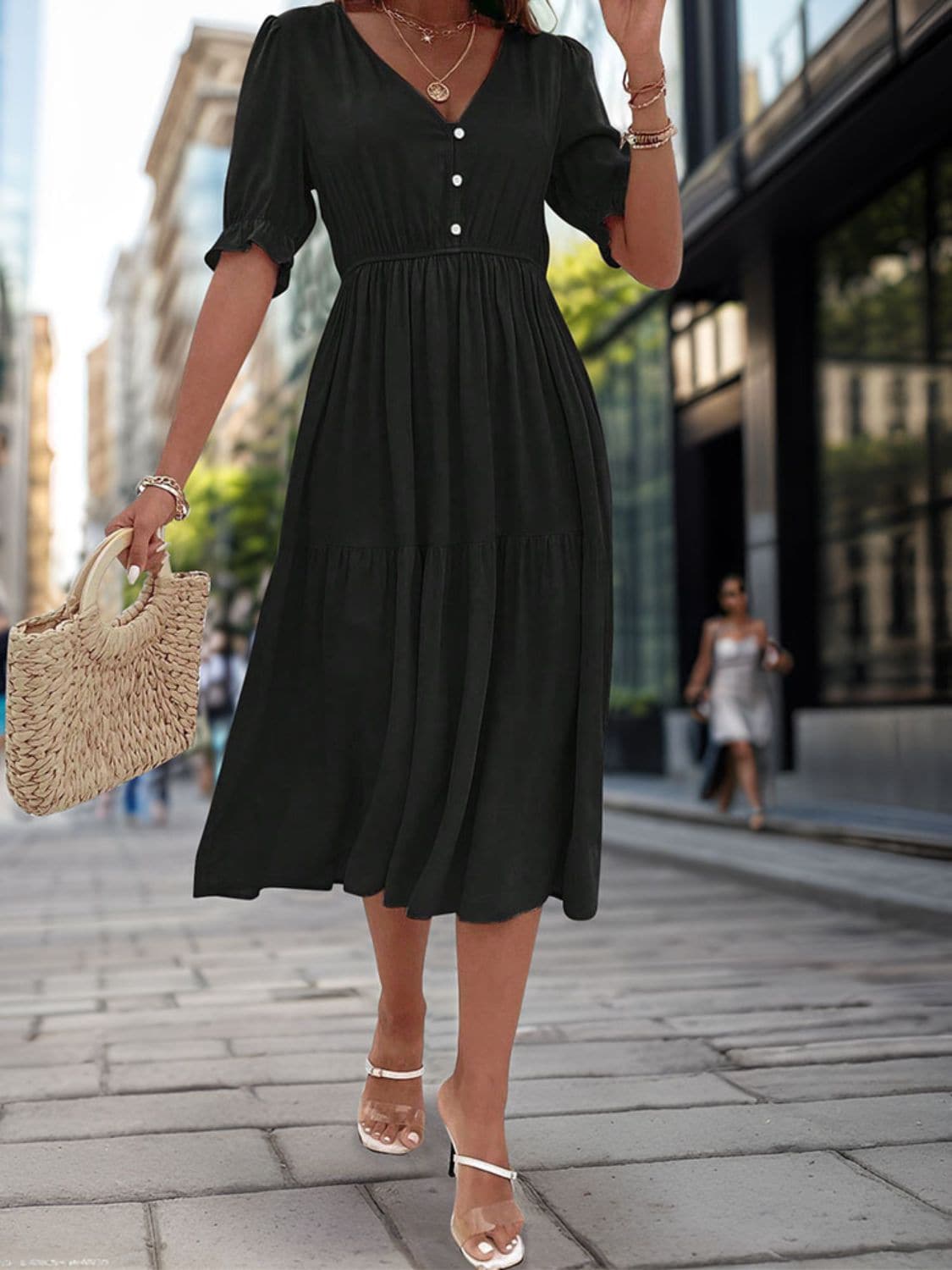 Ruched V-Neck Half Sleeve Midi Dress.