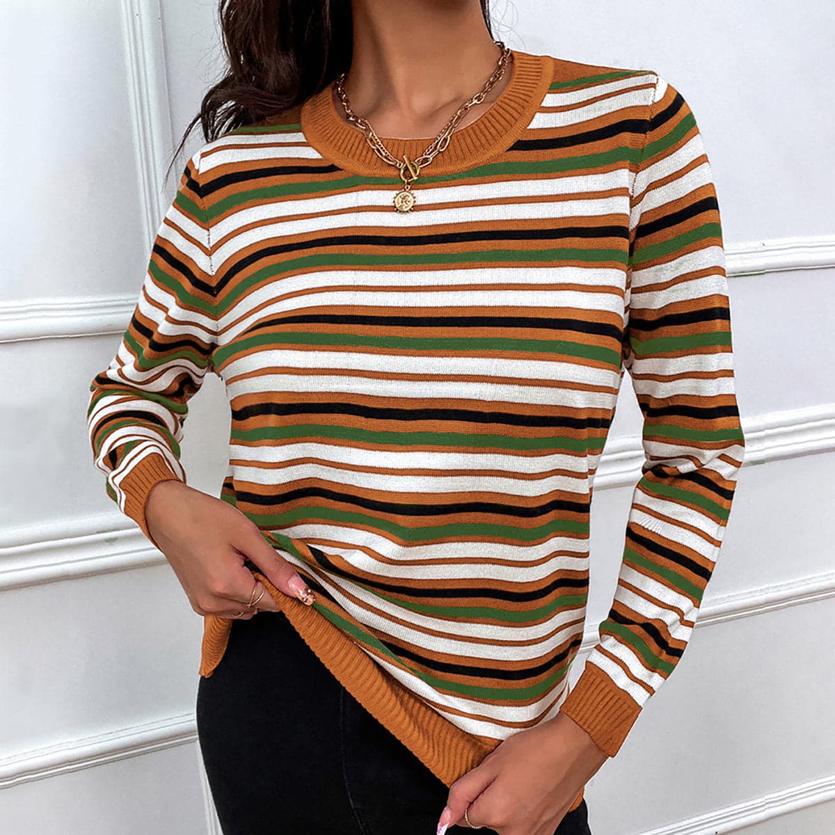 Striped Round Neck Long Sleeve Sweater.