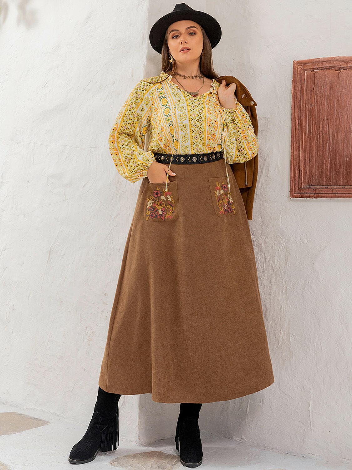 Plus Size Embroidered Pocketed High Waist Skirt.