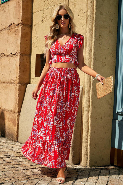 Printed Tie Back Cropped Top and Maxi Skirt Set.