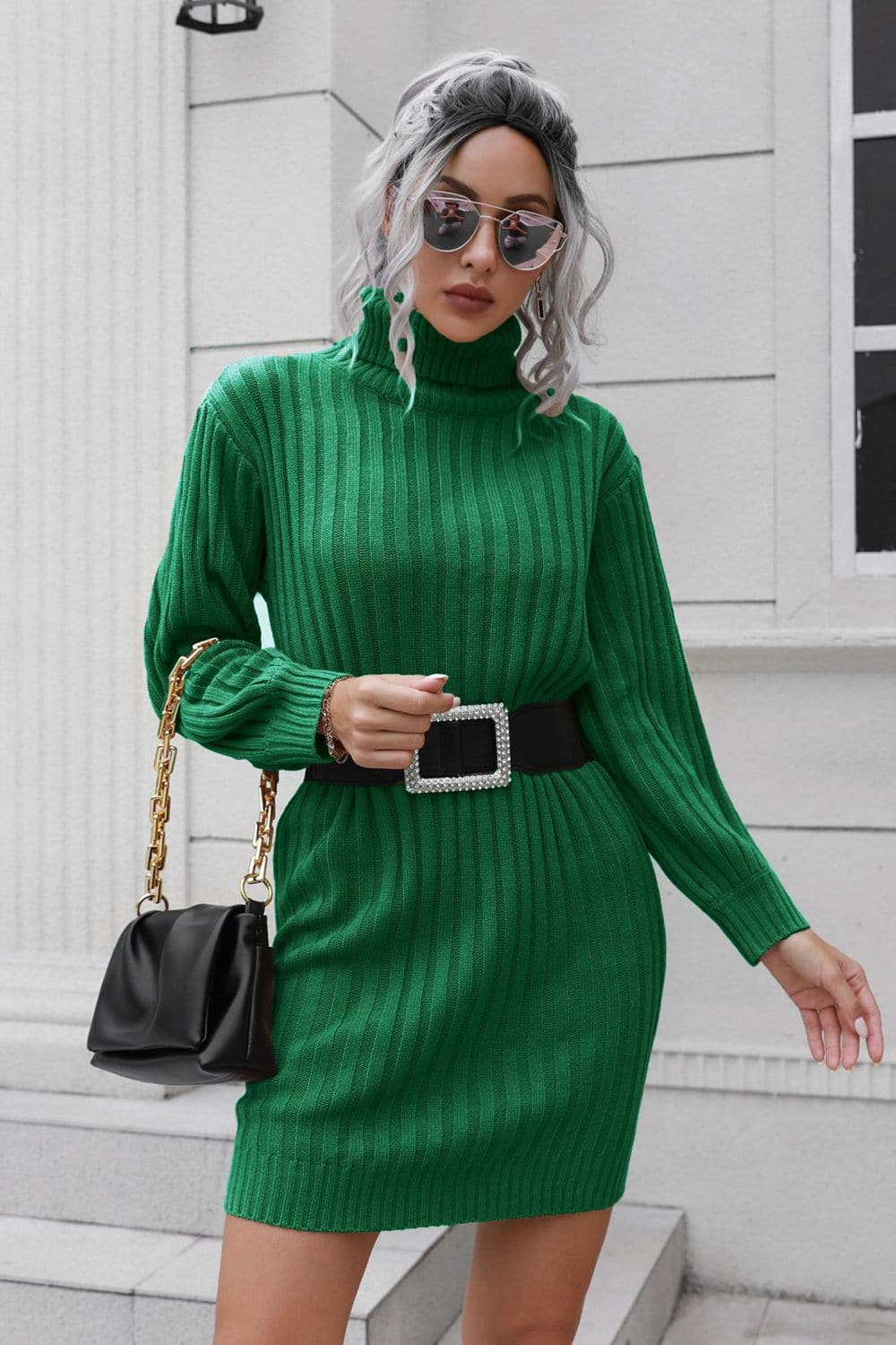 Ribbed Turtle Neck Long Sleeve Mini Sweater Dress.