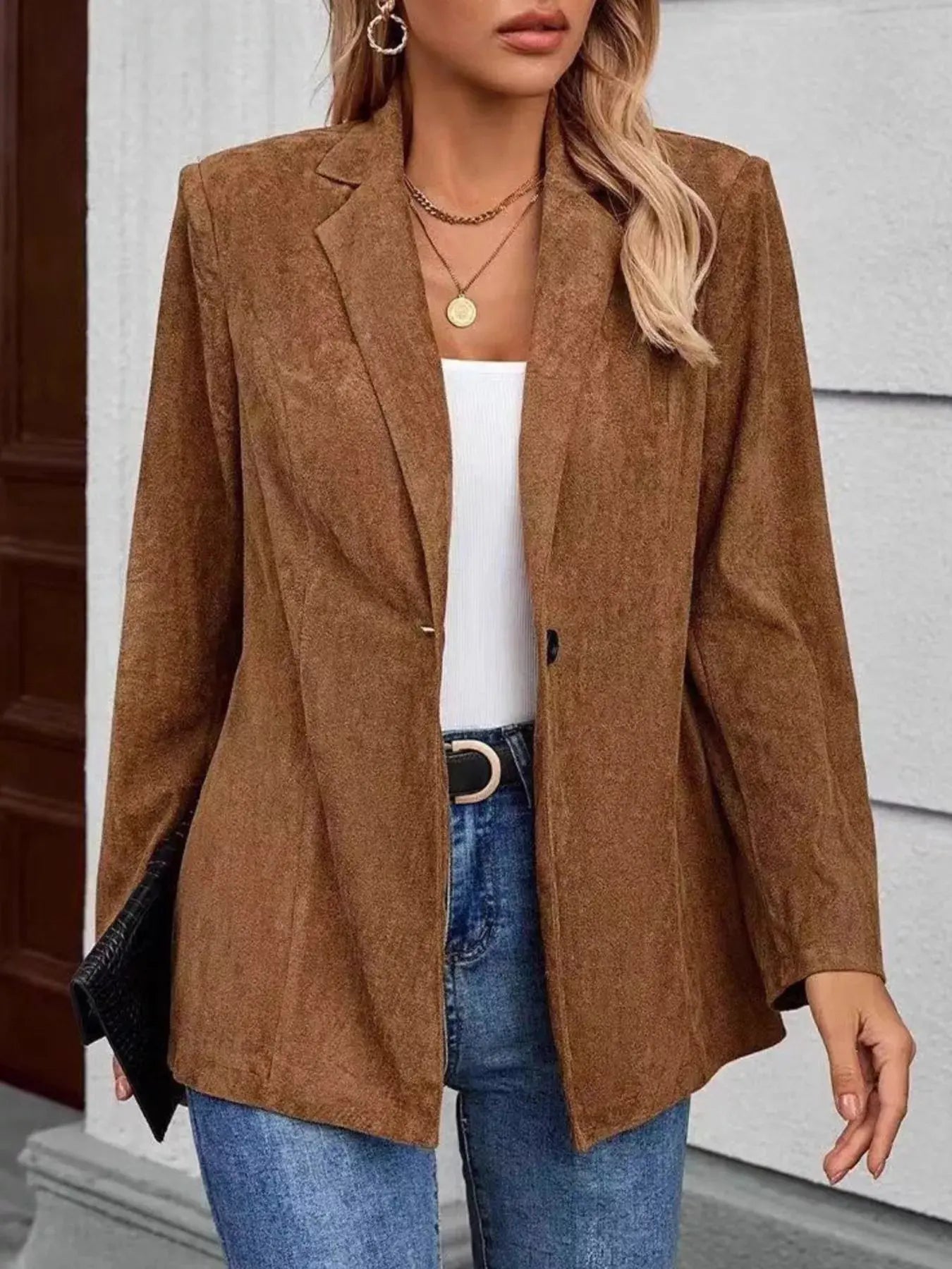 Lapel Collar Single-Button Blazer Simply Love