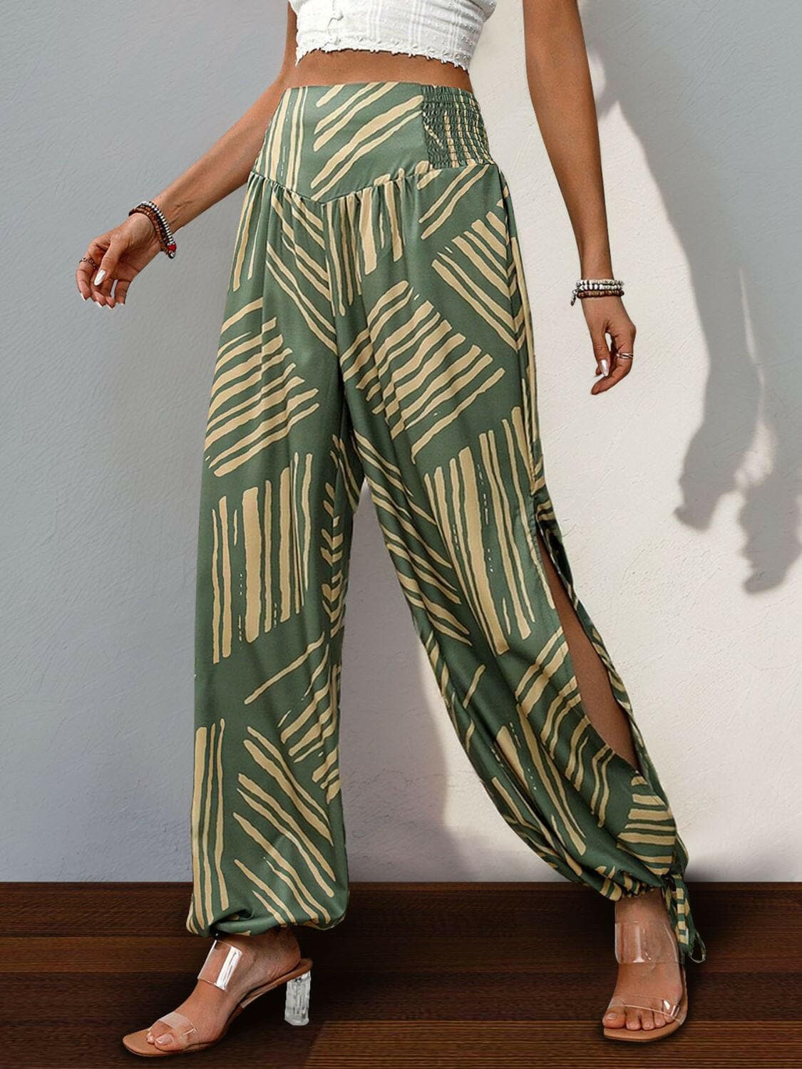 Smocked Slit Printed High Waist Pants.