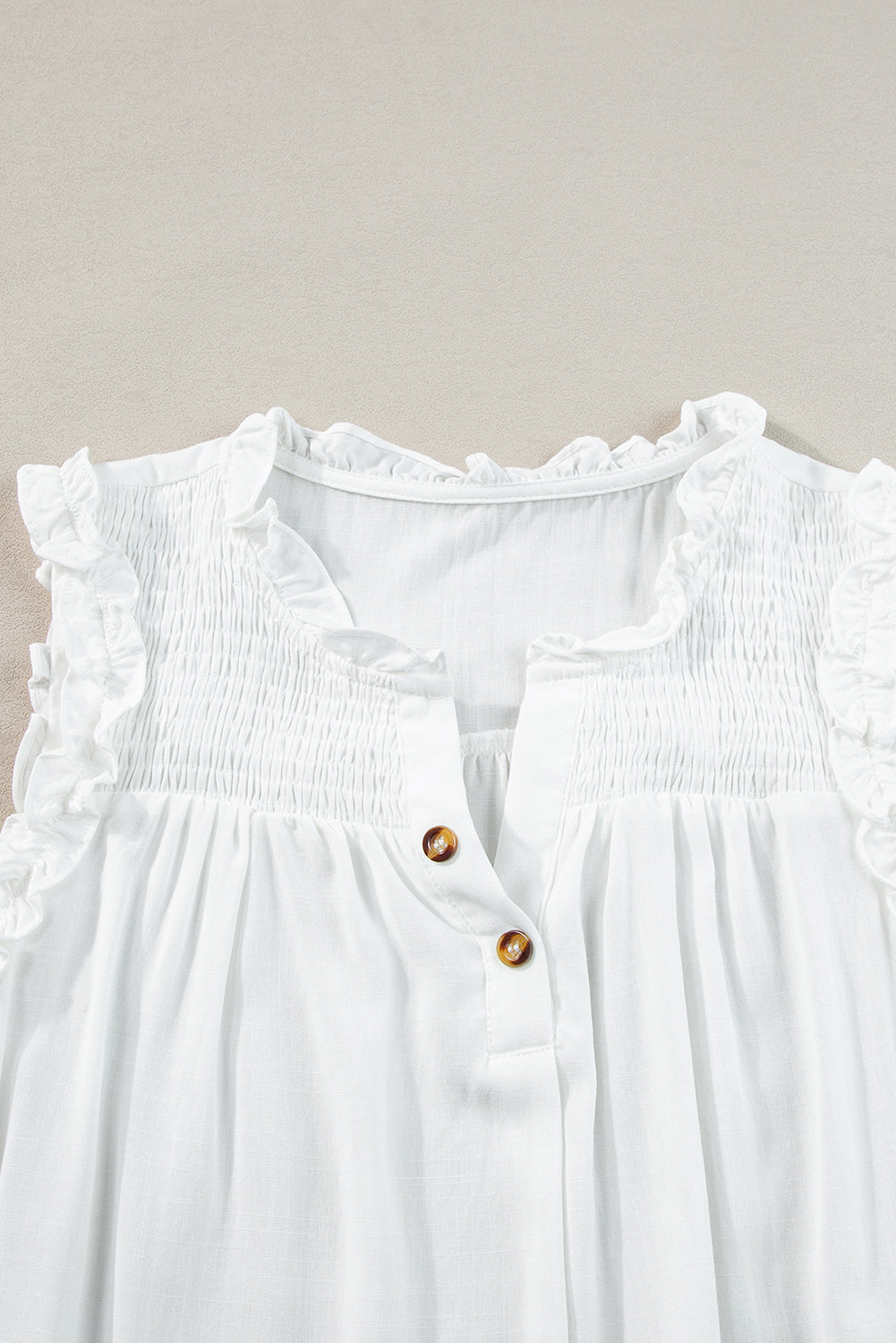 Chic white ruffled trim tank top with buttoned split neck