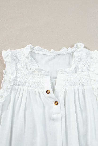 Chic white ruffled trim tank top with buttoned split neck