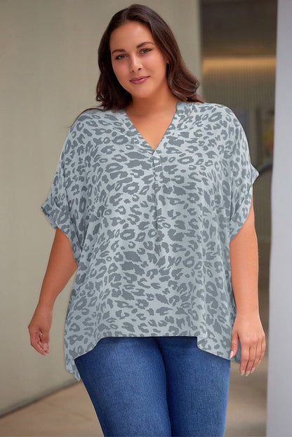 Plus Size Printed Notched Neck Half Sleeve Top.