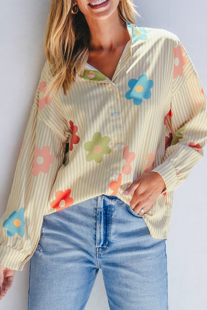 Chic apricot floral stripe button-up shirt for effortless style