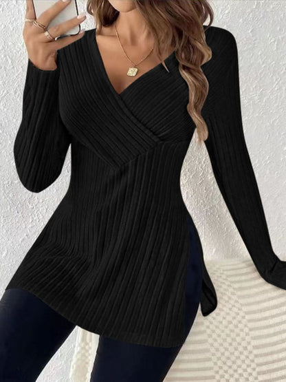 Ribbed Surplice Long Sleeve T-Shirt