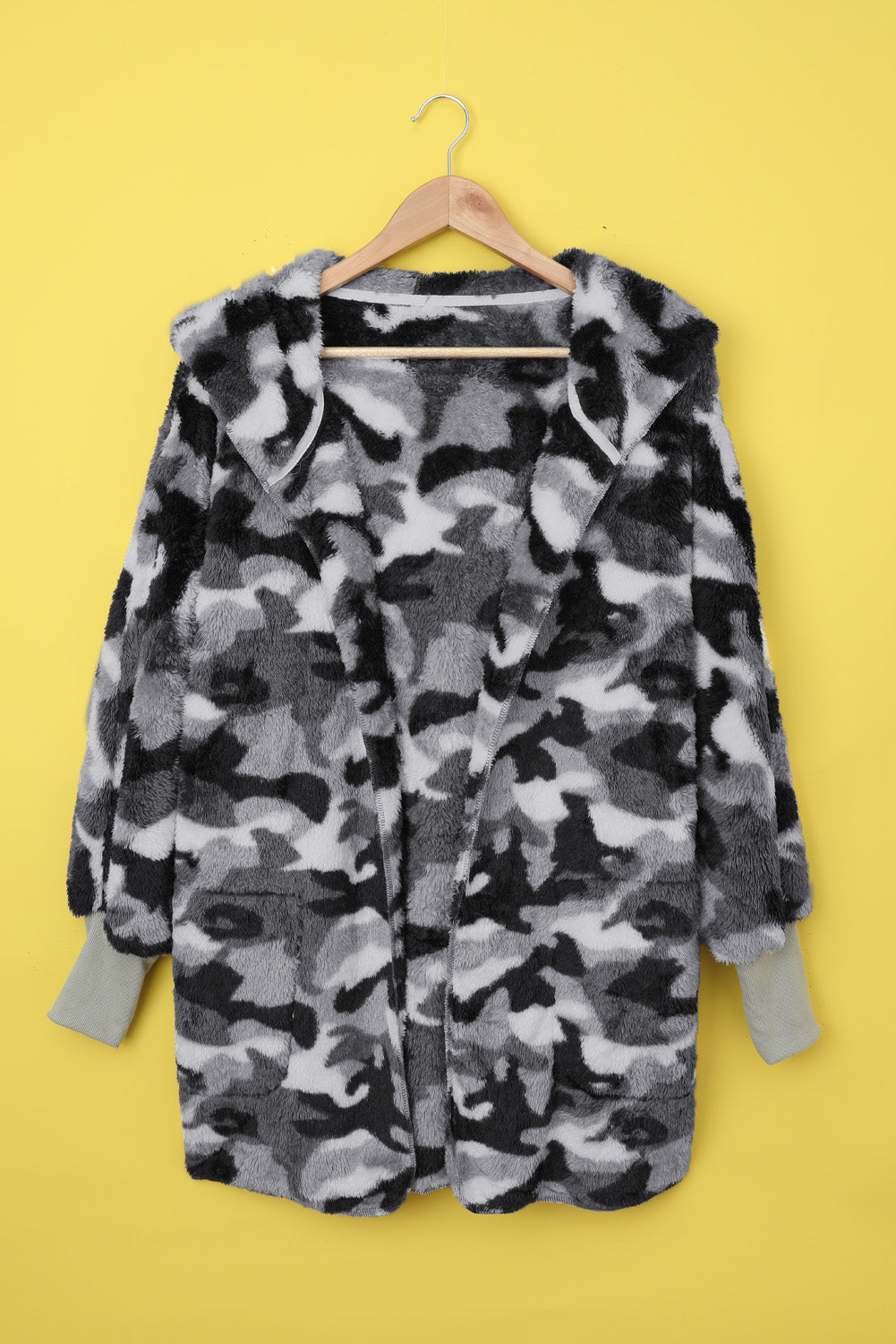 Cozy gray camo fleece hooded coat with open front and pockets