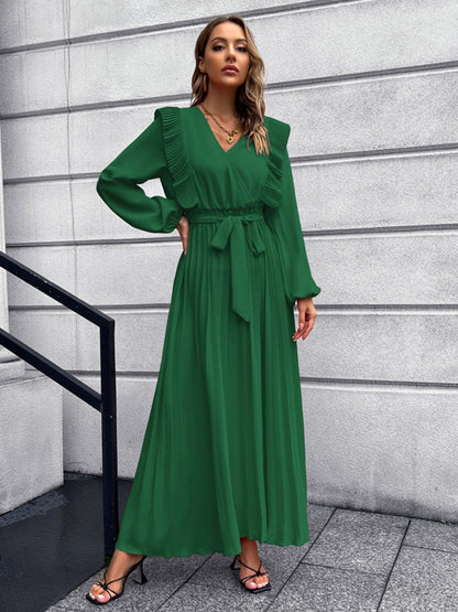 Pleated Surplice Tie Waist Maxi Dress.