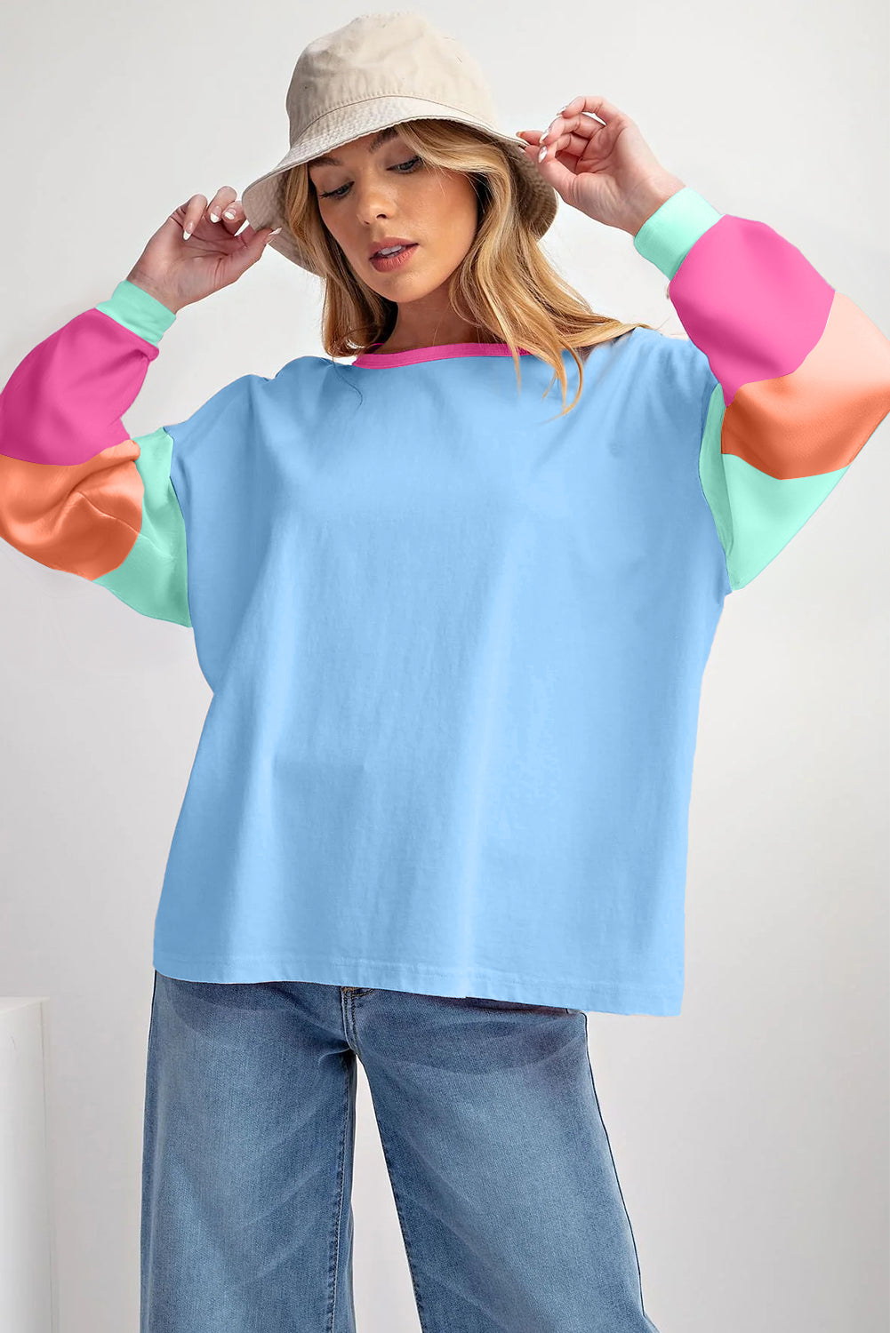 Colorblock Patchwork Long Sleeve Top in Dark Blue