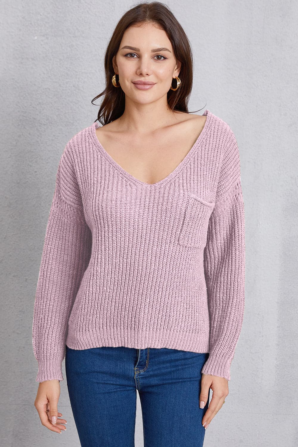 V-Neck Pocketed Dropped Shoulder Knit Top.