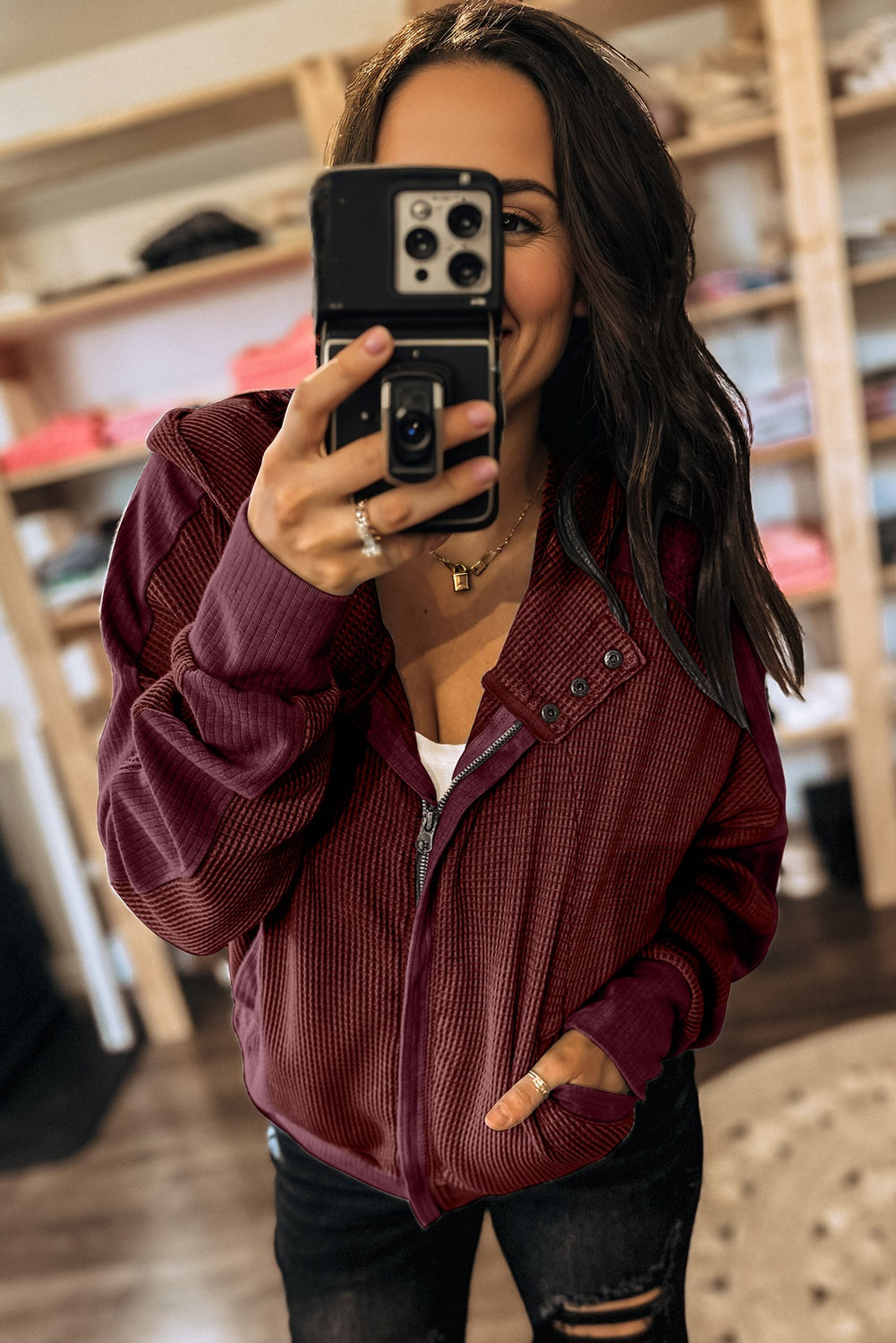 Burgundy Waffle Splicing Zip Up Hooded Jacket With Front Button Closure For Casual Outerwear Dear-Lover Dropshipping