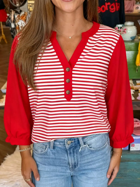 Striped Button-Detail Long Sleeve Top Simply Love