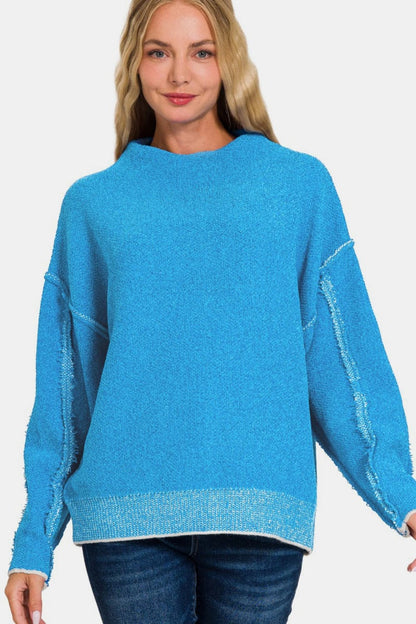 Zenana Exposed Seam Mock Neck Long Sleeve Sweater.