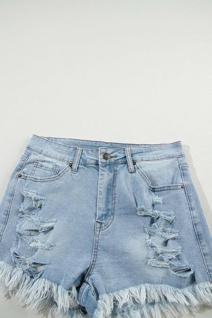 Distressed Raw Hem Denim Shorts.