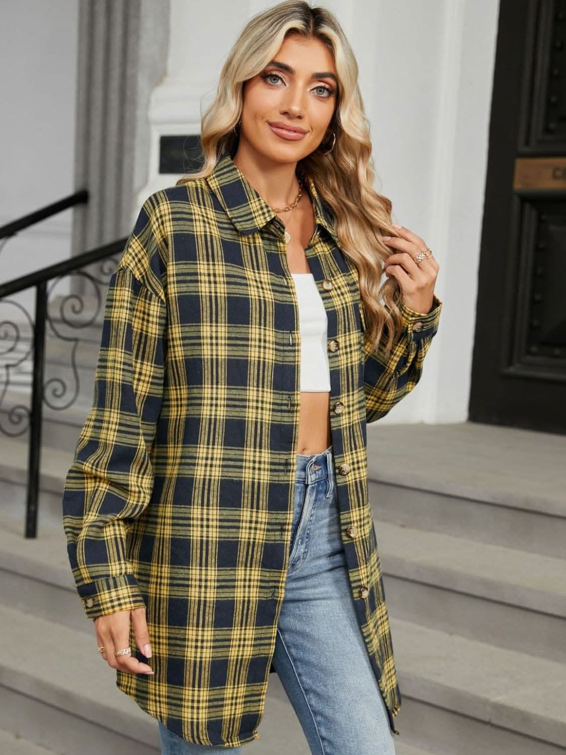 Plaid collared long sleeve shirt - Love Salve 
