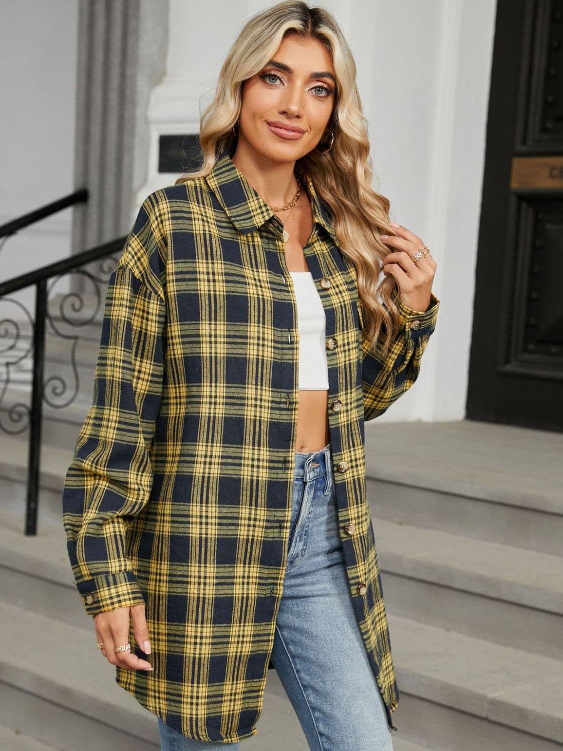 Plaid Collared Neck Long Sleeve Shirt.