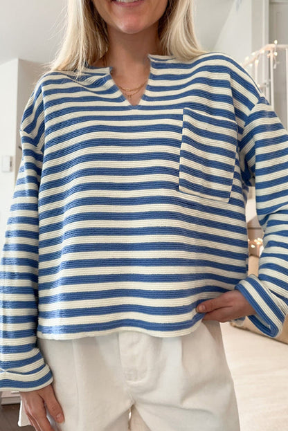 Sky Blue Striped V-Neck Top with Pocket and Buttoned Back