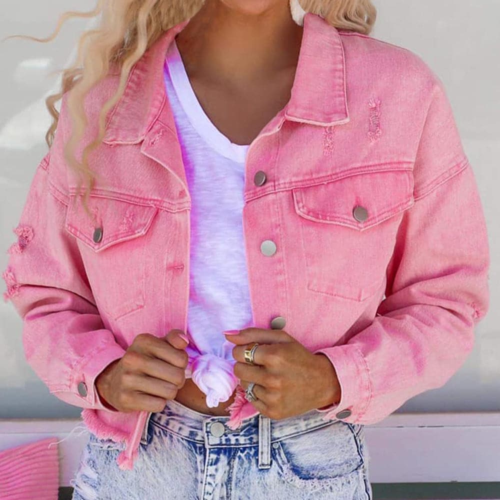 Distressed Raw Hem Dropped Shoulder Denim Jacket.