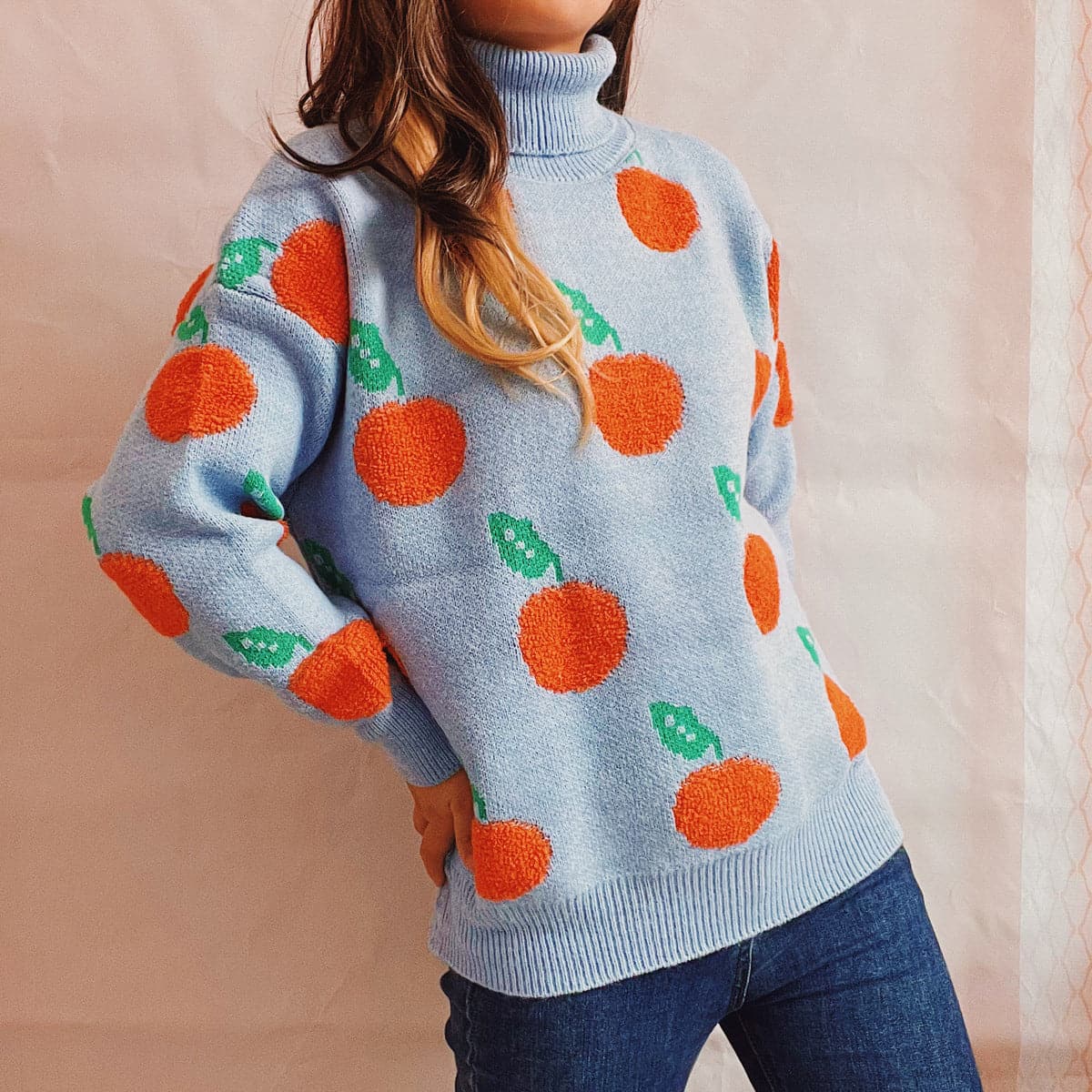 Fruit Pattern Turtleneck Dropped Sweater.