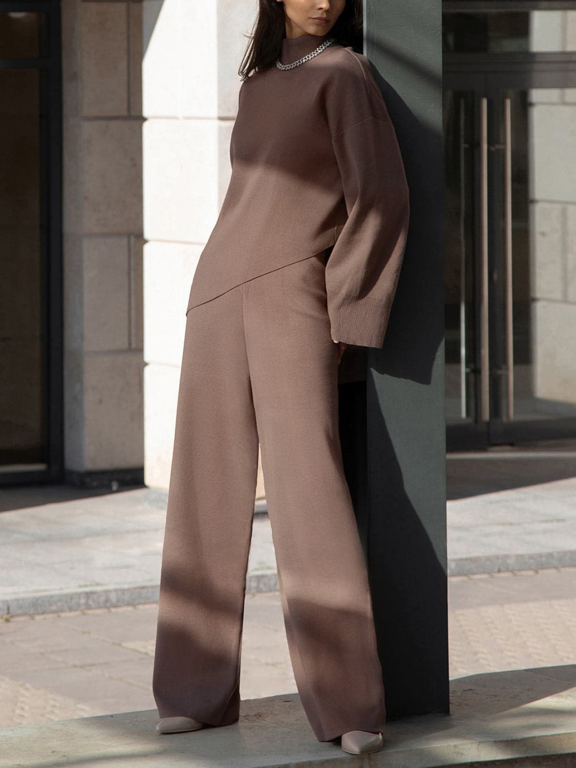 Asymmetrical Hem Knit Top and Pants Set.