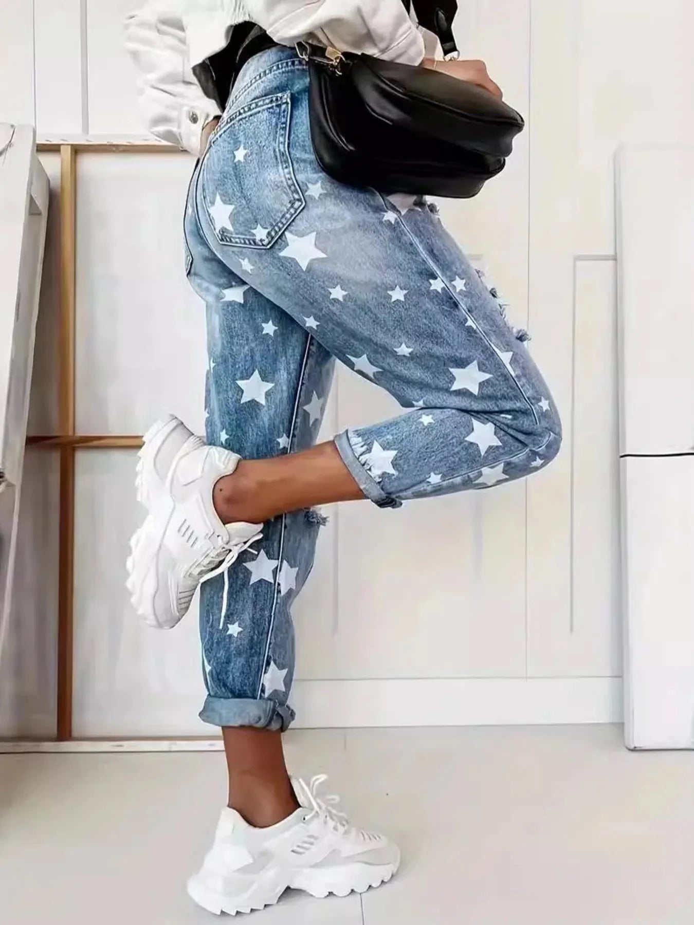Star Print Distressed High Waist Boyfriend Jeans Coco’s Tee Boutique