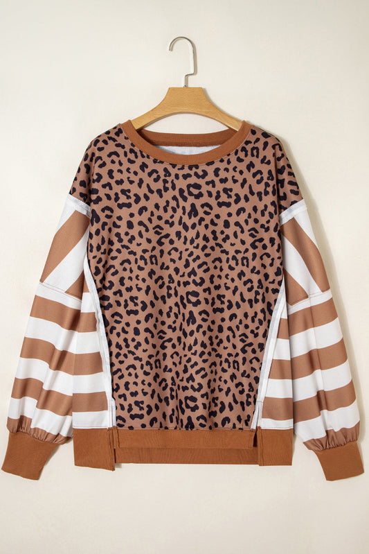 Khaki Leopard Patchwork Striped Loose Plus Size Sweatshirt Dear-Lover Dropshipping