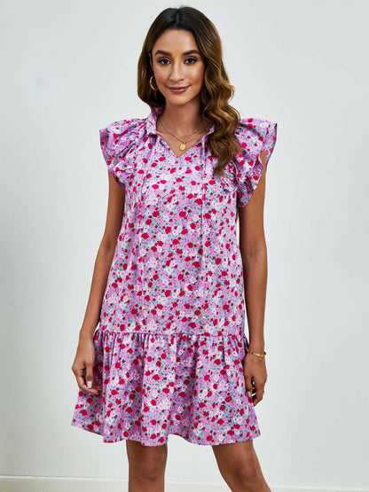 Tied Floral Cap Sleeve Mini Dress.