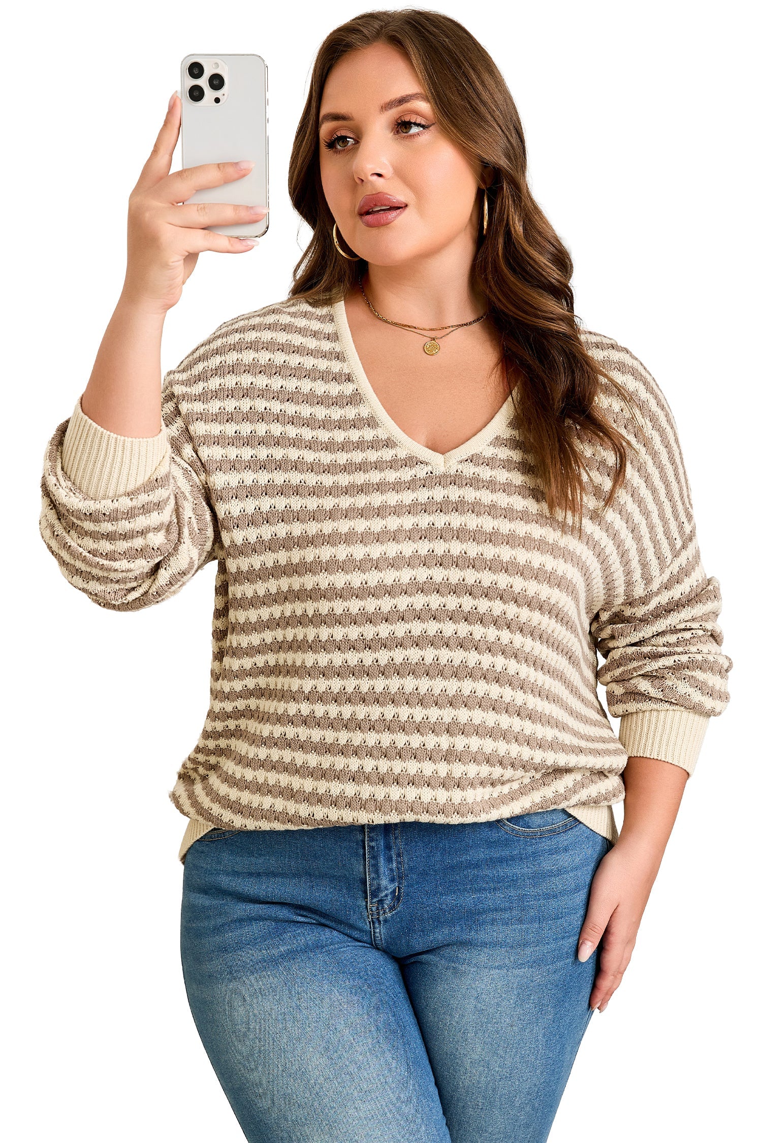 Dear-Lover Khaki Stripe Plus Size Women's V-Neck Sweater Casual Fall Knit Dear-Lover Dropshipping