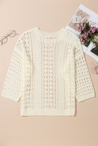 Chic White Knit Sweater with Hollow-Out Bracelet Sleeves and Drop Shoulder Design