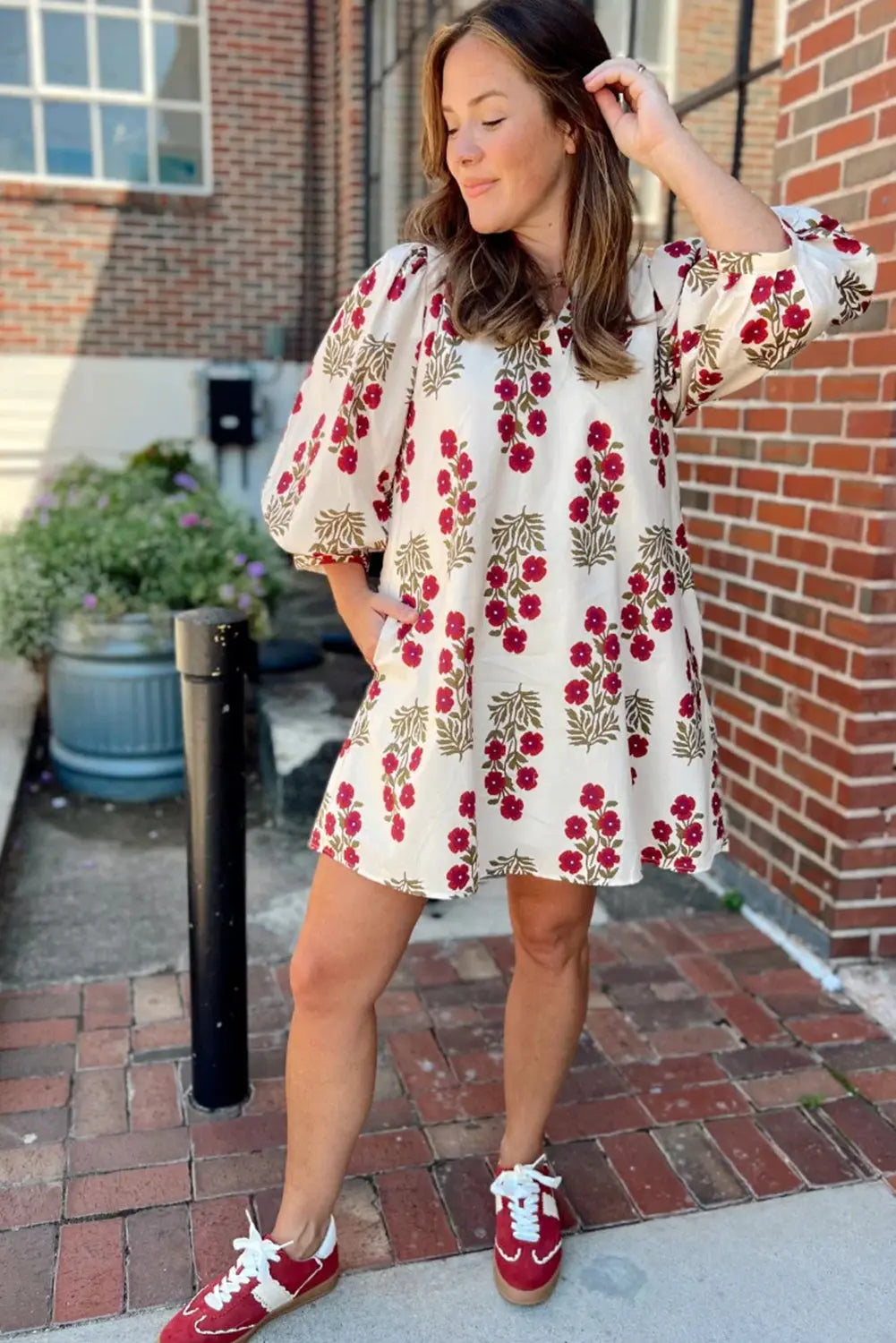 White Floral Print V Neck Three Quarter Sleeve Loose Mini Dress Dear-Lover Dropshipping