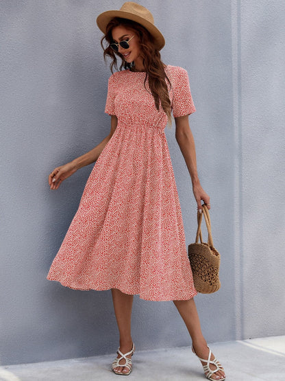 Printed Round Neck Short Sleeve Midi Dress.